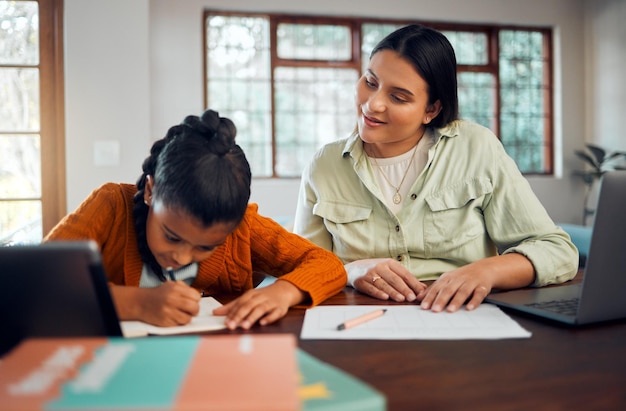 Photo devoirs et apprentissage de l'enfant avec sa mère tout en écrivant dans un cahier pour un cours d'éducation virtuelle à table à la maison avec soins et supervision