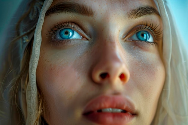 Dévotion divine Portrait intime d'une femme voilée aux yeux bleus en prière