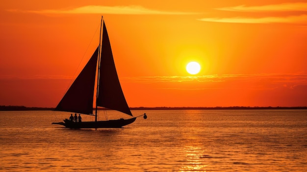 Dhow silhouette sur l'eau calme de la baie de Maputo au Mozambique