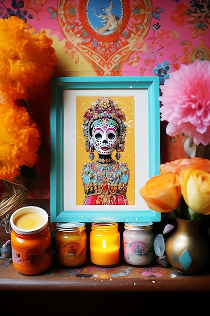 Dia de los muertos, cadre, fond, illustration, à, squelette, jour mort, concept