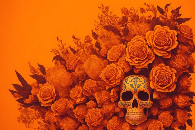 Photo dia de los muertos célébration d'halloween avec un crâne de sucre et une fleur en arrière-plan