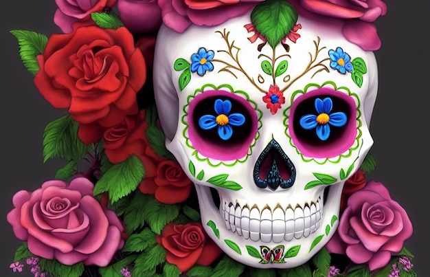 Dia de los muertos crâne de sucre calavera traditionnel décoré de fleurs le jour de la mort illustration