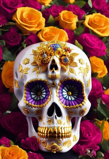 Dia de los muertos crâne de sucre calavera traditionnel décoré de fleurs le jour de la mort illustration