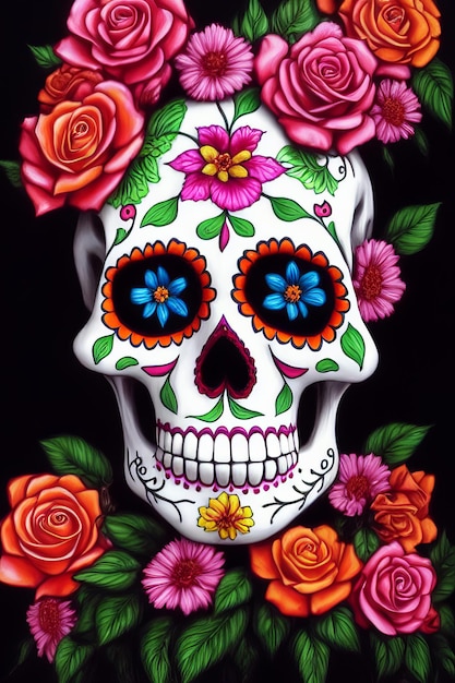 Dia de los muertos crâne de sucre calavera traditionnel décoré de fleurs le jour de la mort illustration