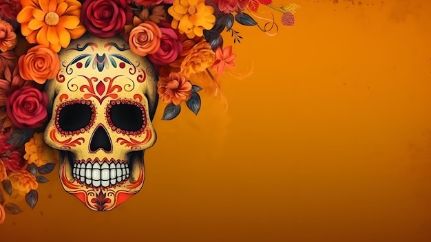 Dia De Los Muertos ou Day of the Dead Celebration Banner background with sculls and yellow flowers Non basé sur une scène ou un motif de personne réelle