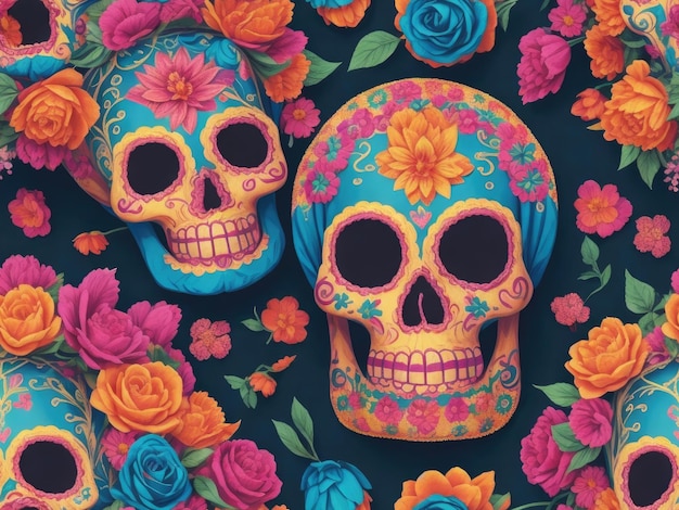 Dia de los muertos jour crâne et fond de fleurs