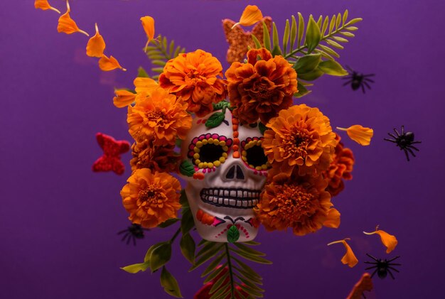 Dia De Los Muertos ou Jour des Morts Célébration Fond Scull Décoré de Fleur de Souci Fête Traditionnelle Mexicaine