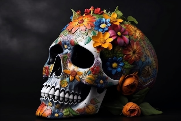 Dia de Los Muertos Jour des morts avec crâne en sucre portrait coloré d'un crâne et de fleurs pour dia de los muertos généré par l'IA