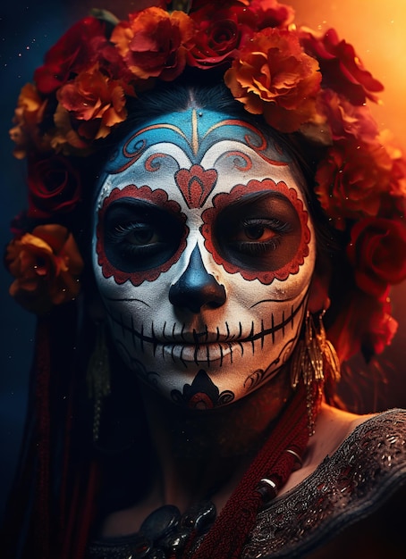 Dia de los muertos Jour des morts Femme avec un maquillage de crâne sur un fond floral