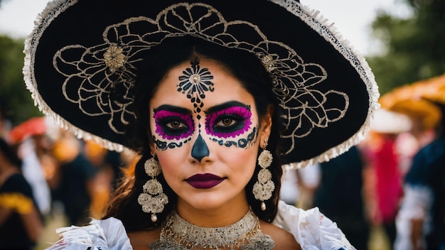 Dia de los muertos Jour des Morts Femme avec maquillage crâne en sucre Généré avec l'IA