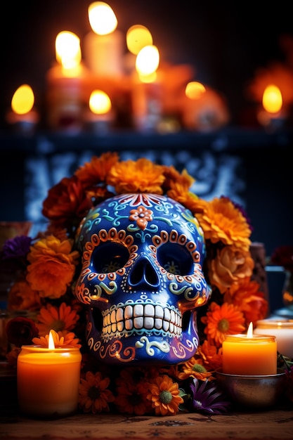 Dia De Muertos Ai Fond Généré Avec Composition De Crâne Et De Fleurs