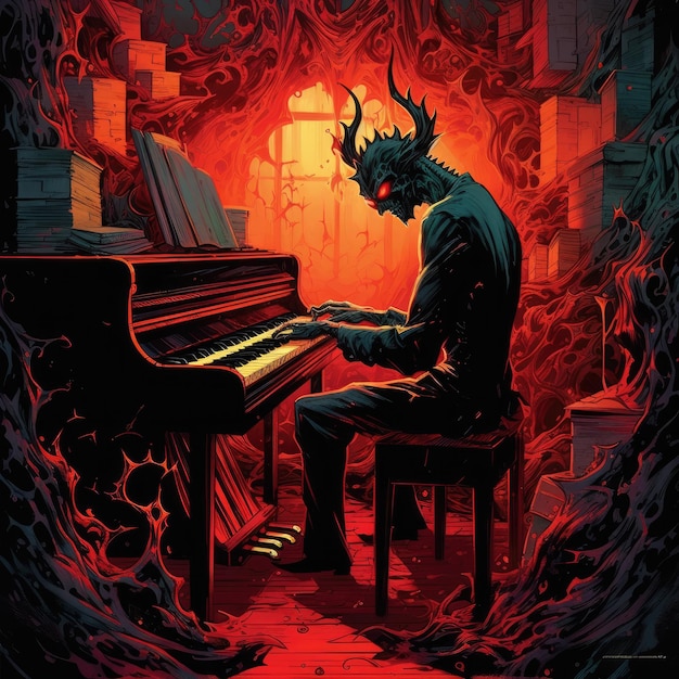 diable jeu de piano halloween fantaisie illustration art affiche magie art terrifiant effrayant épique horreur