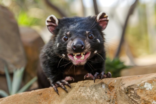 Un diable de Tasmanie derpy avec une expression bête et de grandes dents tranchantes