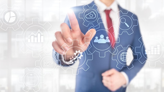 Diagramme abstrait de processus métier avec engrenages et icônes Concept de technologie de flux de travail et d'automatisation