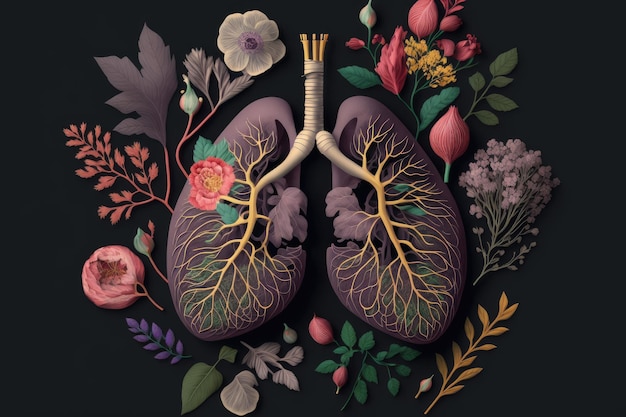 Diagramme avec le coeur et les poumons humains avec des fleurs sur le fond foncé