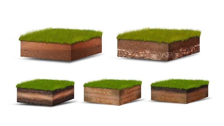 Photo diagramme des couches isométriques du sol section transversale de l'herbe verte et des couches de sol souterraines sous la couche de minéraux organiques sable argile couches de terre isométrique isolées sur blanc