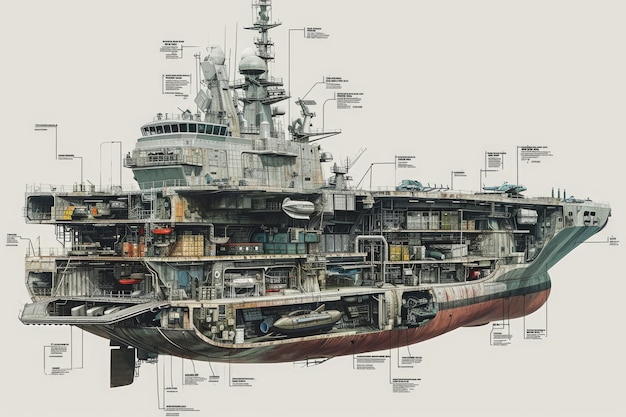 Diagramme d'un grand navire avec des pièces étiquetées Un schéma détaillé d'un navire militaire avec tous les différents niveaux et compartiments