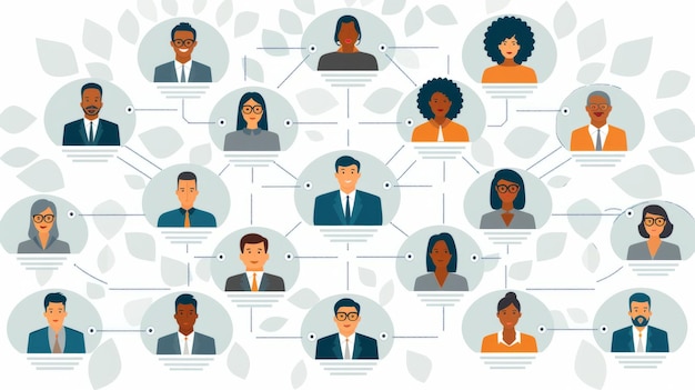Un diagramme de personnes reliées par des lignes les gens sont de différentes races et sexes le diagramme est