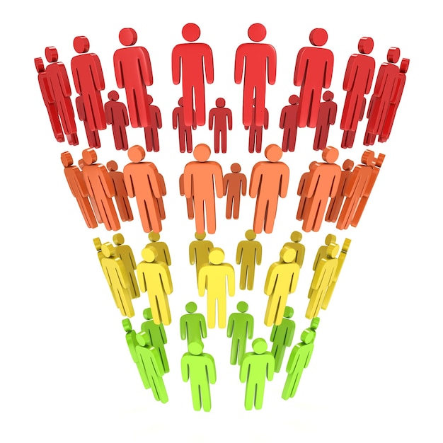 Diagramme des ventes de l'entonnoir de marketing avec des personnes de rendu 3d isolé Vente de l'entonnoir de conversion