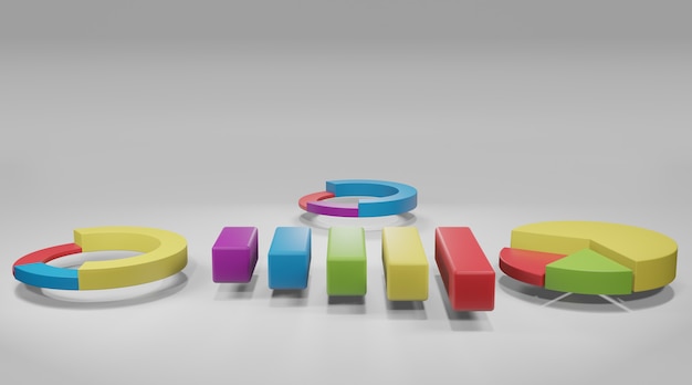 Diagrammes et graphiques de camemberts à barres d'éléments de données commerciales. Rendu 3D