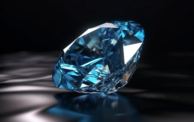 Un diamant bleu est sur une surface réfléchissante.