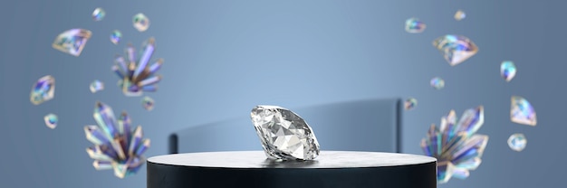 Un diamant brillant placé sur scène avec fond de cristal soft focus rendu 3d