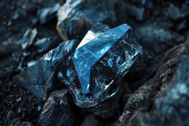 Le diamant brut, une pierre précieuse bleu brillant enterrée parmi des morceaux de charbon
