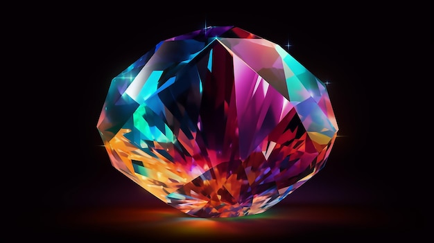 Un diamant coloré est allumé dans une pièce sombre.