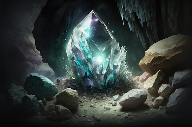 Un diamant dans une grotte avec un fond sombre et une pierre au milieu.