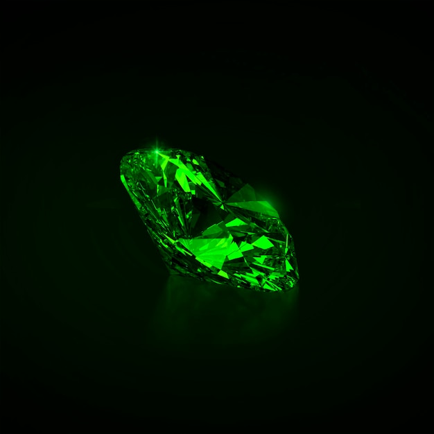 Diamant éblouissant vert sur fond noir rendu 3D