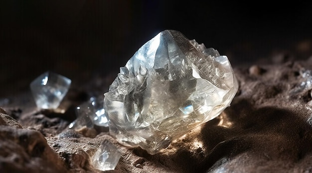 Le diamant est une pierre géologique naturelle précieuse rare sur un fond gradient dans un en-tête isolé à basse clé.