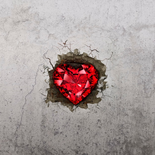 Le diamant en forme de coeur est dans le mur avec le concept de fissures pour le rendu 3d de la Saint-Valentin