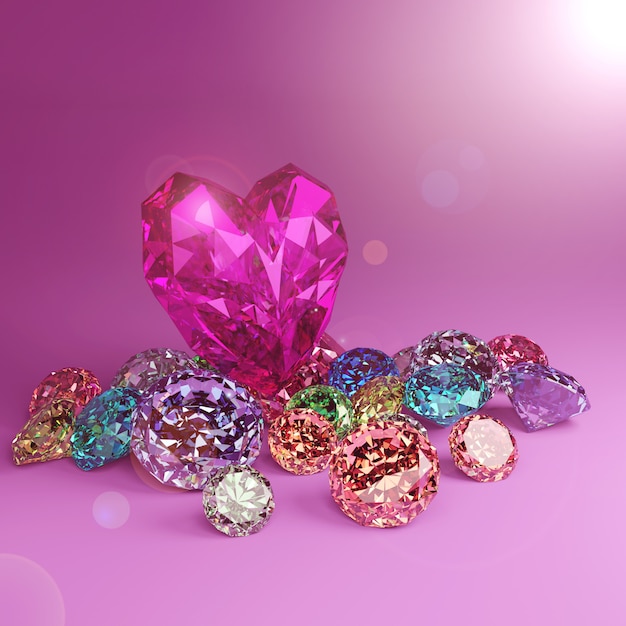 Un diamant en forme de coeur sur un tas de diamants colorés sur fond rose avec des reflets.