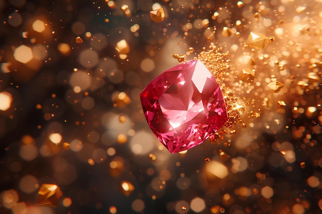 Un diamant rose entouré d'étoiles dorées et de paillettes sur un fond noir avec un boke flou un 3D