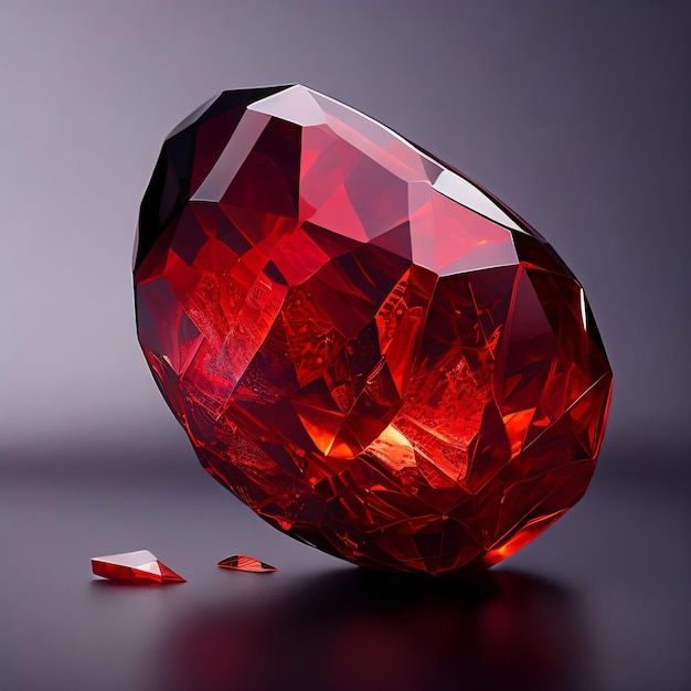 Un diamant rouge est posé sur un fond gris avec le mot amour dessus.