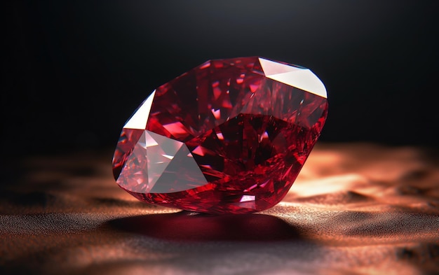 Un diamant rouge repose sur une surface brune.