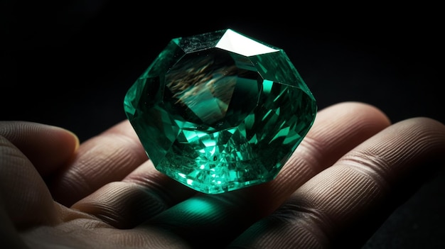 Un diamant vert est tenu dans une main.