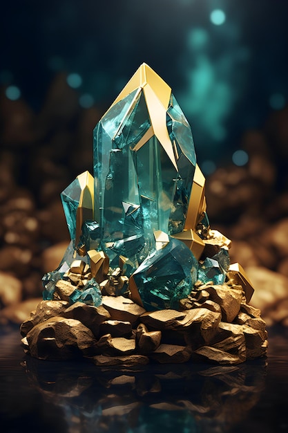 un diamant vert et or assis au sommet d'un tas de roches Illustration peinture d'un rocher