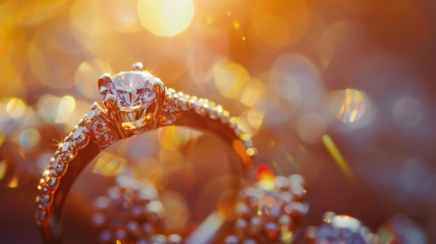 Des diamants étincelants ornent de près l'anneau de fiançailles qui incarne l'amour et la romance du mariage.