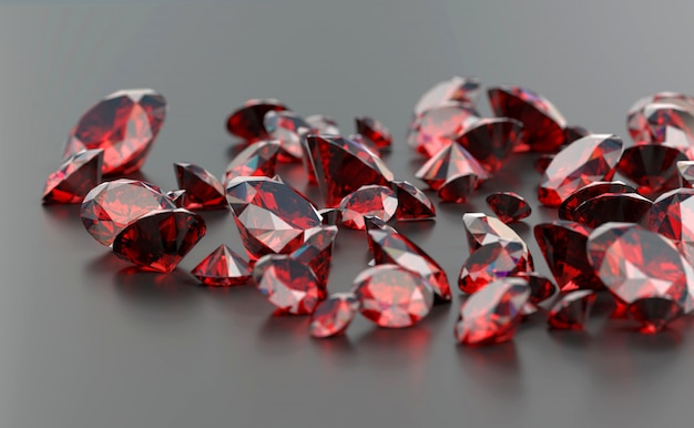 Diamants rubis rouge placés sur fond noir