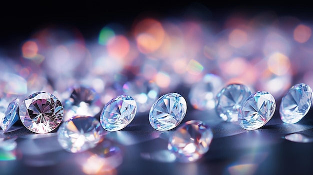 Diamants taillés étincelants et reflets lumineux de l'objectif Diffusion de pierres précieuses lumière fond flou