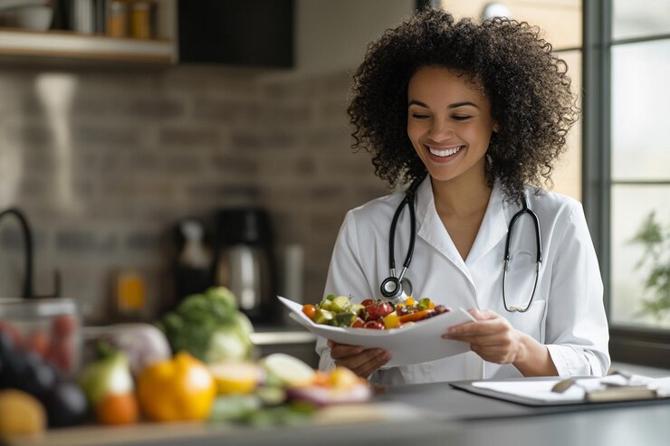 Photo une diététiste souriante présentant un régime alimentaire sain