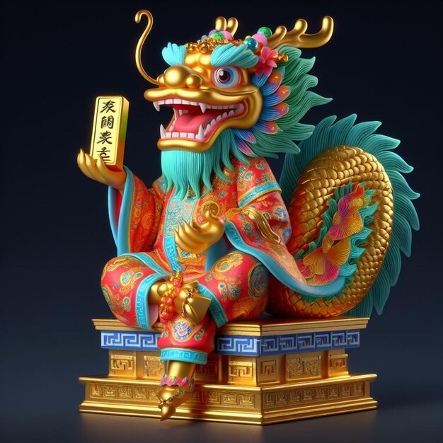 Le dieu de la fortune prend la forme d'un dragon chinois animé en 3D et s'assoit sur un petit piédestal.