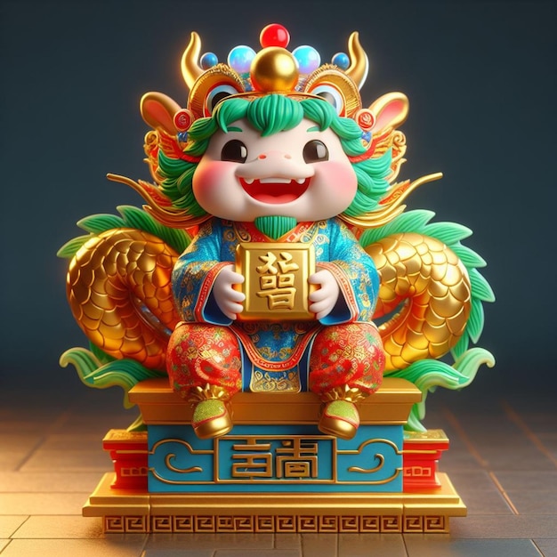 Le dieu de la fortune prend la forme d'un dragon chinois animé en 3D et s'assoit sur un petit piédestal.