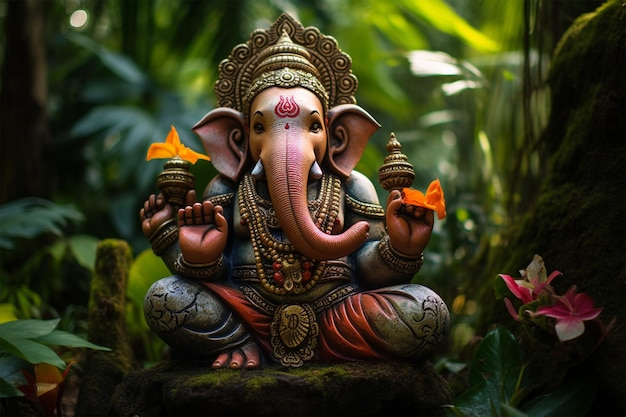 dieu ganesha avec tête de fleurs statue hindou chaturthi photo