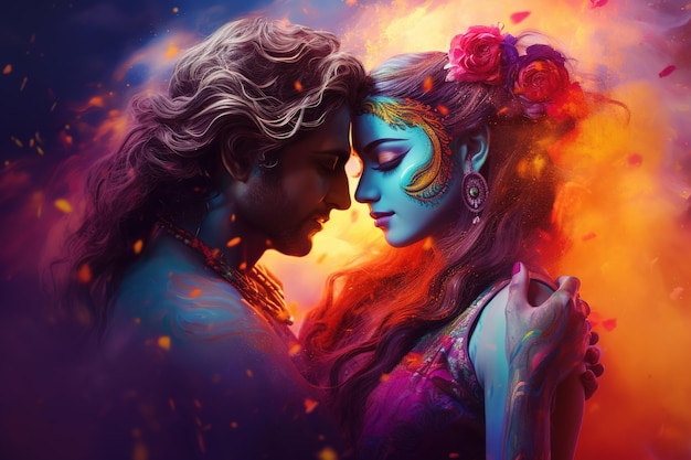 Le dieu indien Krishna et Radha jouant à l'holi Génératif Ai