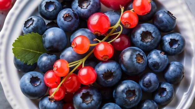 Différentes baies d'été fraîches, bleuets, currants rouges, vue du haut