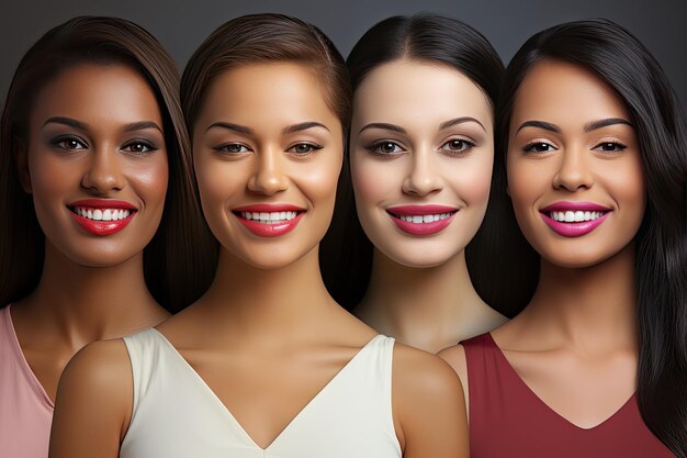 Photo différentes belles femmes avec des dents uniques et des cheveux longs regardent la caméra et sourient ia générative