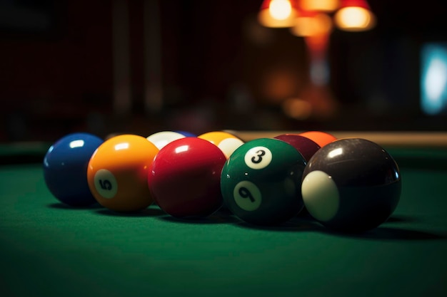 Différentes boules de billard avec queue et support sur table verte générée par IA