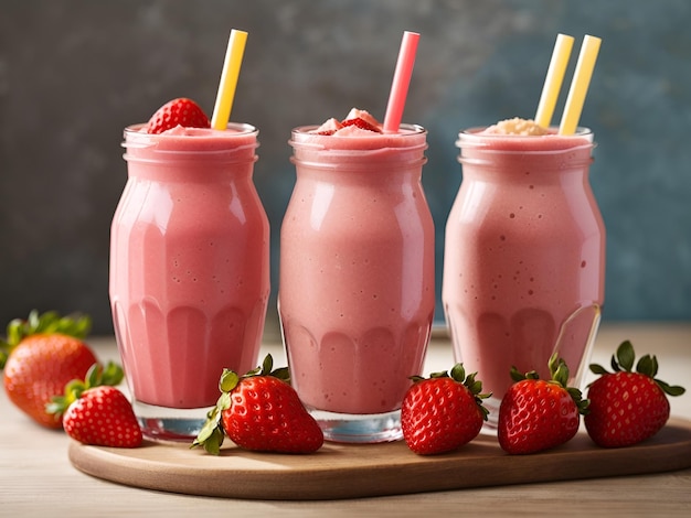 différentes bouteilles de smoothies avec des pailles